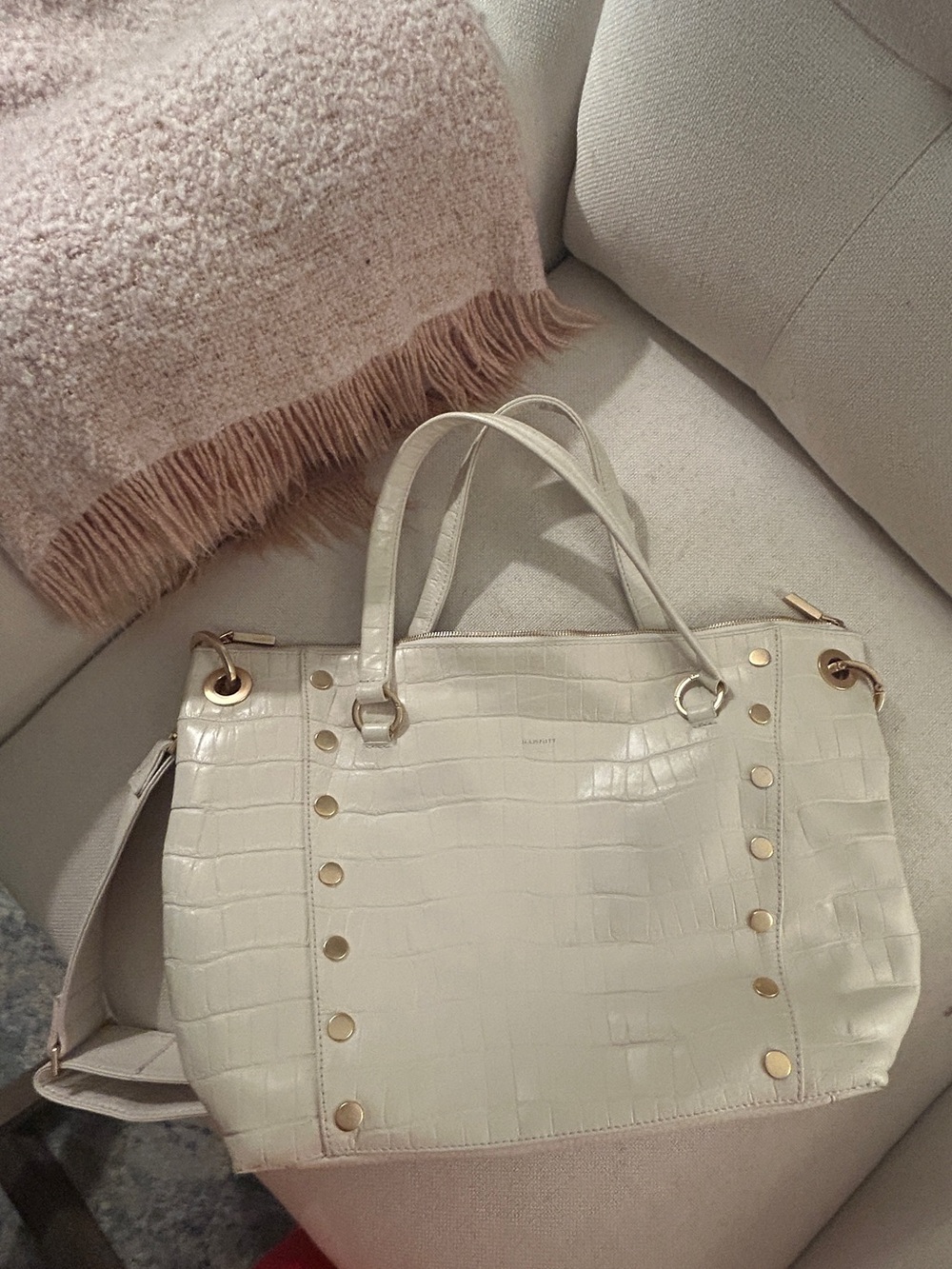 Hammitt Croc-Embossed Cream Shoulder Tote with Gold Hardware